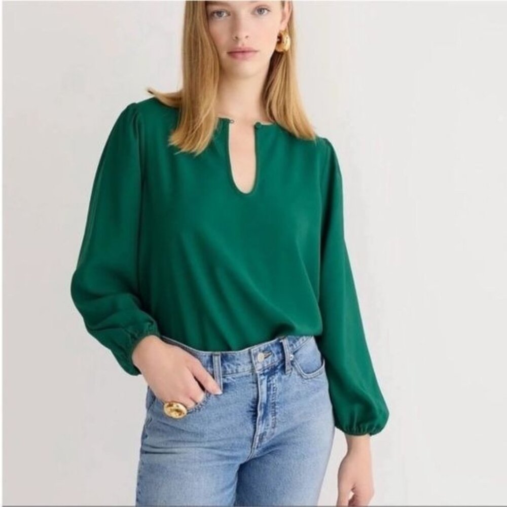 J. Crew Puff-Sleeve Satin Back Crepe Top in Green, Size Medium Tall, TM